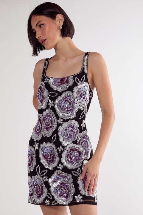 Beaded Flower Sequin Mini Dress