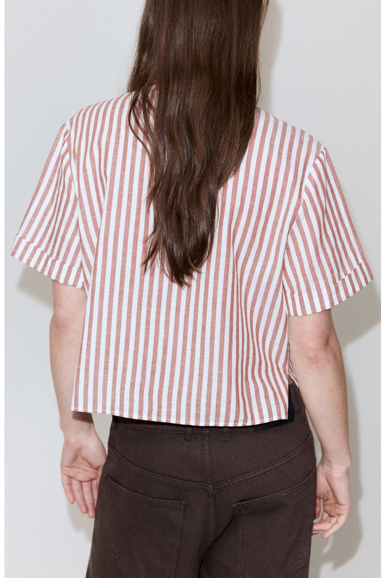 Stripe Short Sleeve Cotton & Linen Button-Up Shirt, Alternate, color, MAROON