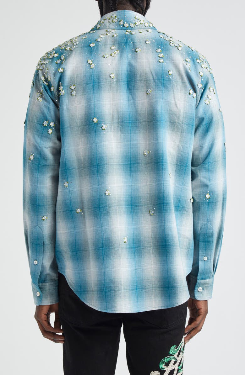 AMIRI Floral & Crystal Embellished Plaid Flannel Button-Up Shirt, Alternate, color, 