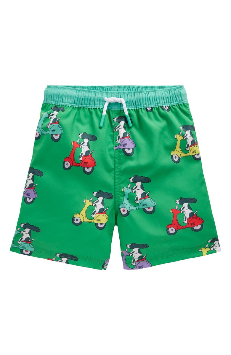Mini Boden Kids' Print Swim Trunks, Main, color, Green Puppy Scooter