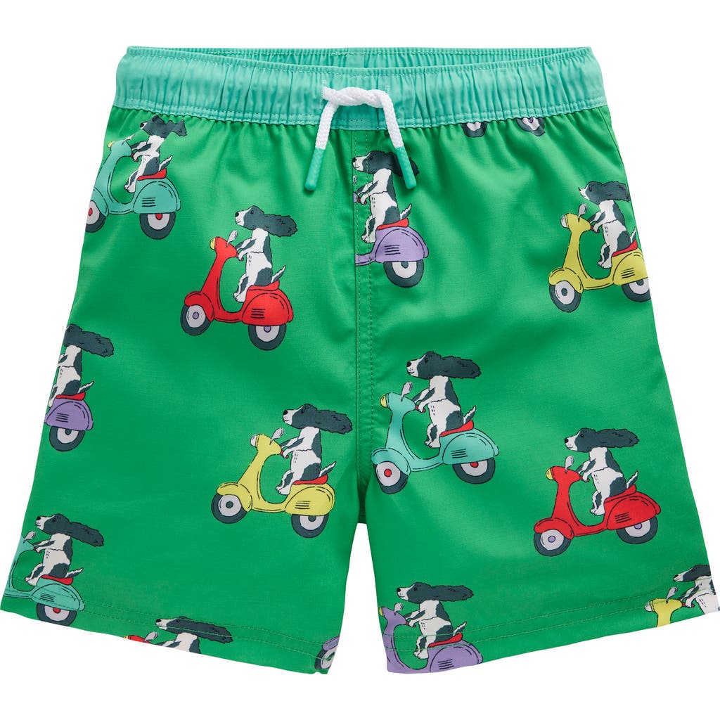Mini Boden Kids' Print Swim Trunks In Green Puppy Scooter