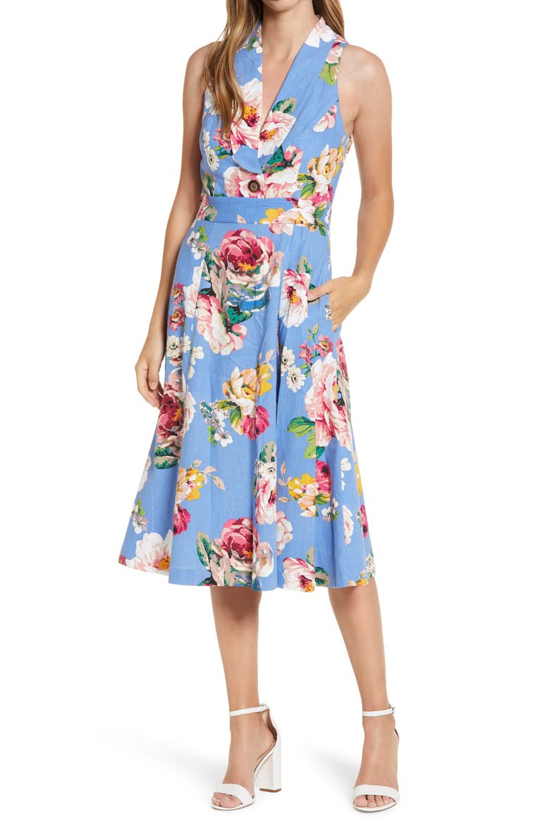 Floral Linen Blend Sundress, Main, color, BLUE