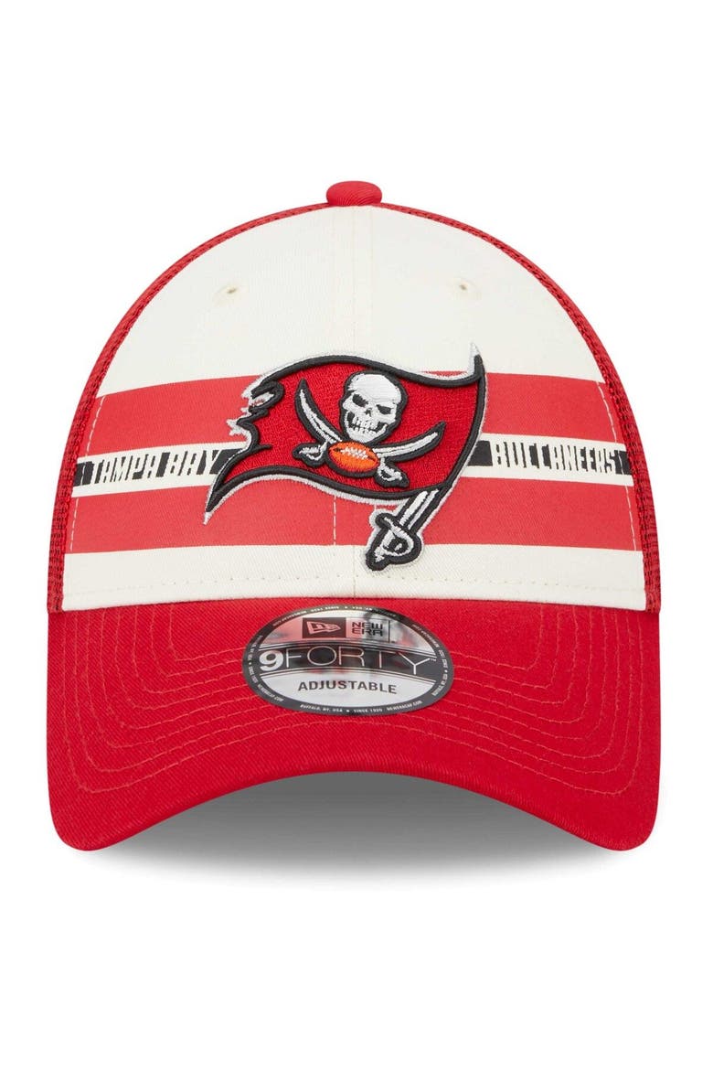 Men's New Era Cream/Red Tampa Bay Buccaneers Team Stripe Trucker 9FORTY Snapback Hat, Alternate, color, Cream