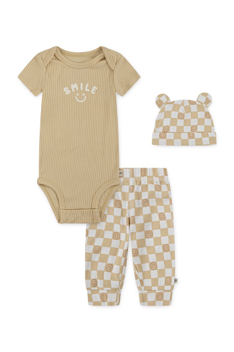 Organic Cotton Bodysuit, Joggers & Hat Set, Main, color, HUGGIES MARZIPAN