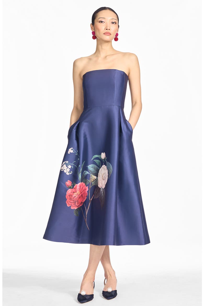 Shay Floral Strapless Stretch Mikado Cocktail Midi Dress, Alternate, color, BLUE CRIMSON CREME
