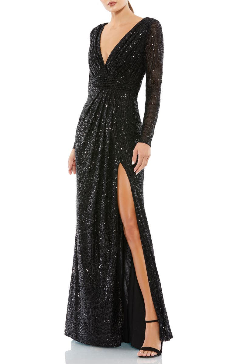 Mac Duggal Sequined Long Sleeve High Slit  Gown, Main, color, Black