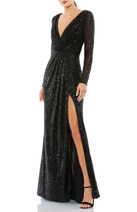 Sequined Long Sleeve High Slit  Gown