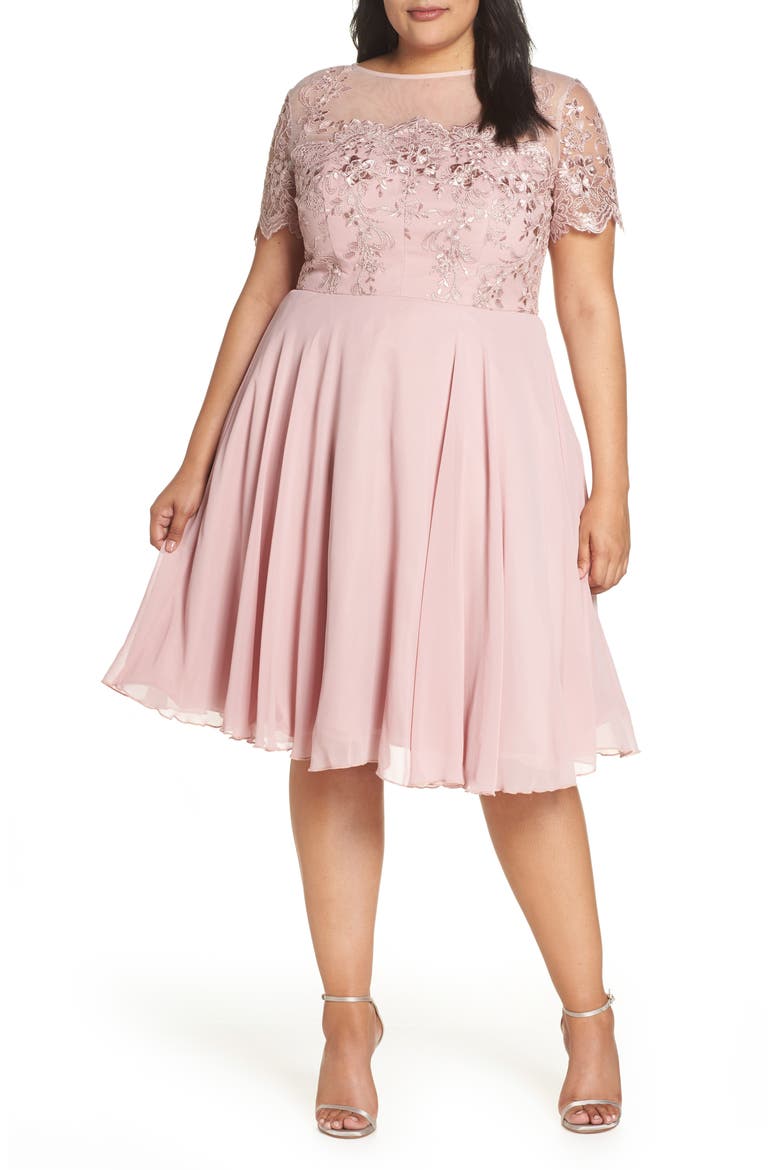 Embroidered Fit & Flare Cocktail Dress, Alternate, color, MINK