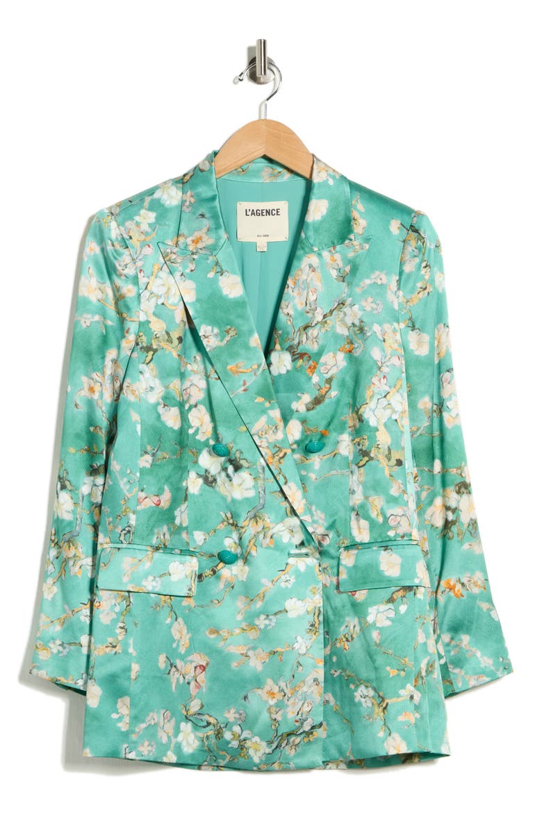 Taryn Floral Double Breasted Silk Blazer, Alternate, color, TEAL WATERCOLOR CHERRY BLOSSOM