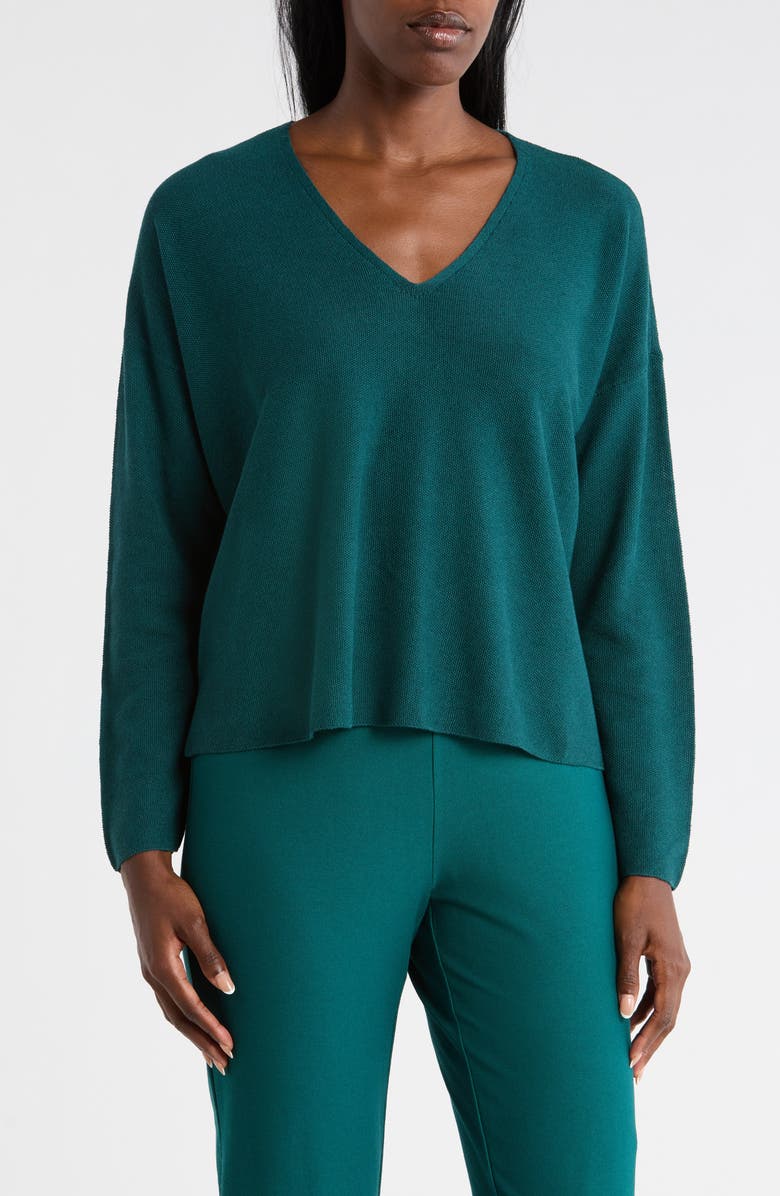 Eileen Fisher Organic Linen & Organic Cotton V-Neck Sweater, Main, color, Aegean