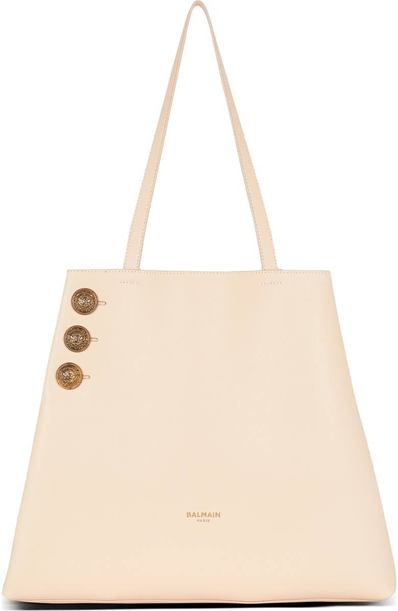 Balmain Emblem Crest Button Calfskin Shopper, Main, color,