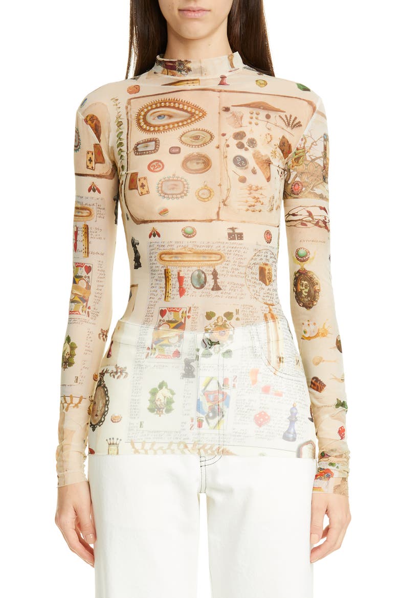 Victorian Print Body-Con Sheer Top, Main, color, IVORY MULTI