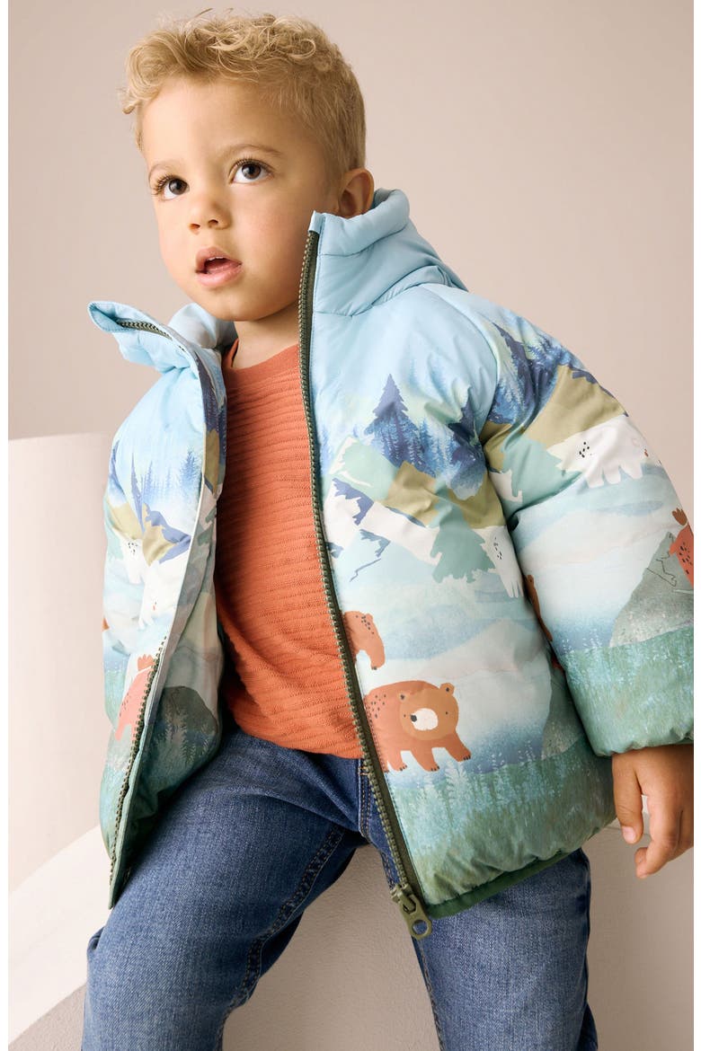 Kids' Mountain Scene Hooded Puffer Coat, Alternate, color, GREEN