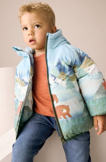 Kids' Mountain Scene Hooded Puffer Coat