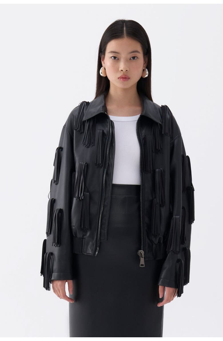 Nocturne Fringe Detail Faux Leather Jacket, Main, color, 