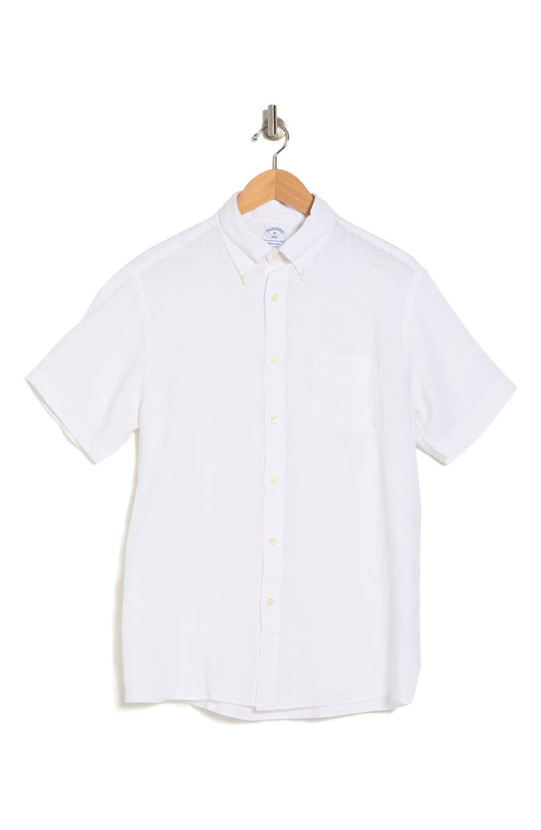 Brooks Brothers Regular Fit Short Sleeve Linen Button-Down Shirt, Alternate, color, White