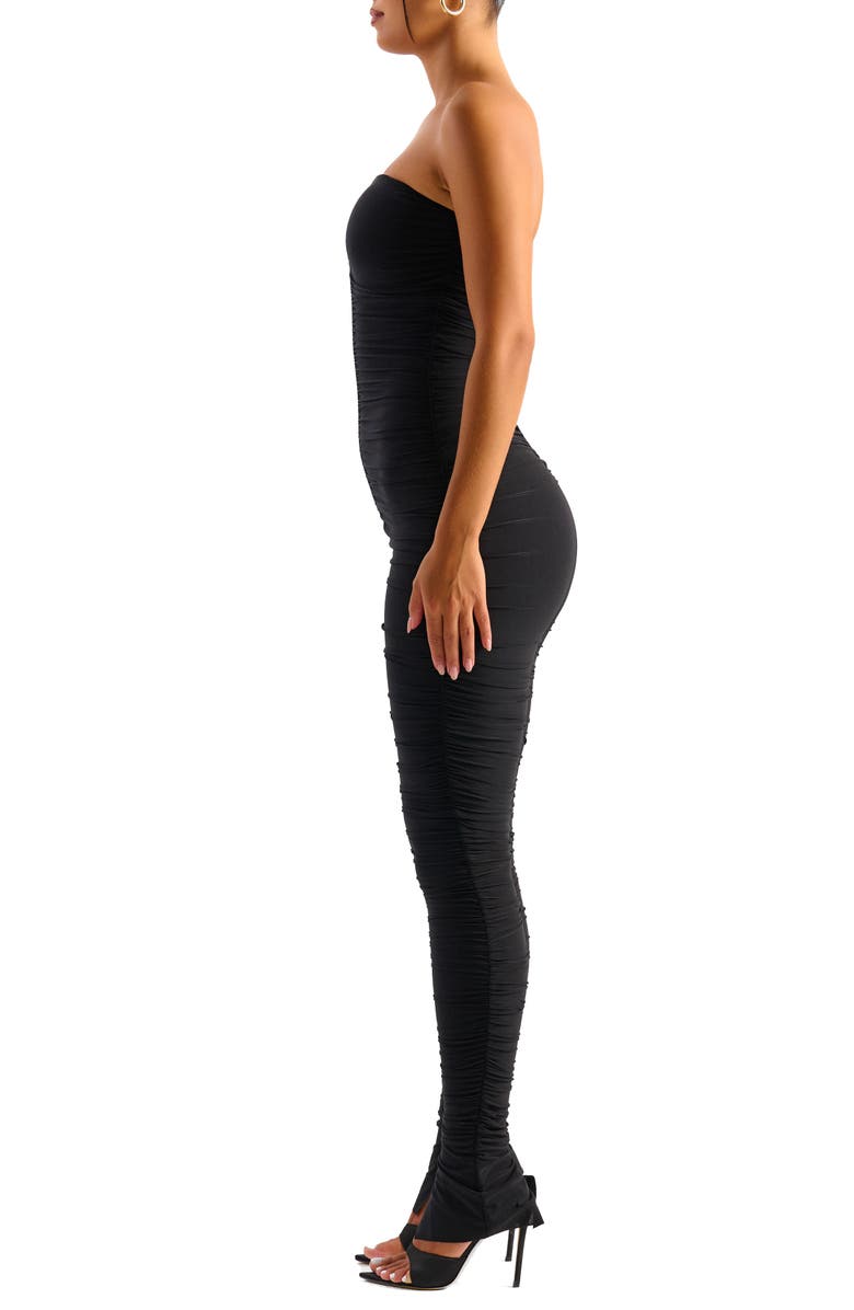 Naked Wardrobe Hourglass Ruched Strapless Slit Hem Jumpsuit, Alternate, color, Black