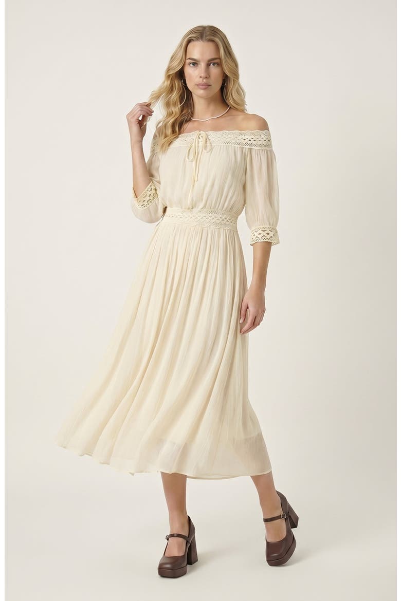 Two Piece Off Shoulder Crochet Top and Maxi Skirt Set, Alternate, color, Beige