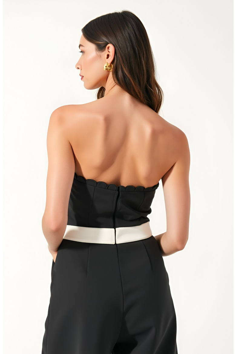 Strapless Jumpsuit with Scalloped Bodice, Waist Belt and Wide-Leg Pants, Alternate, color, Black