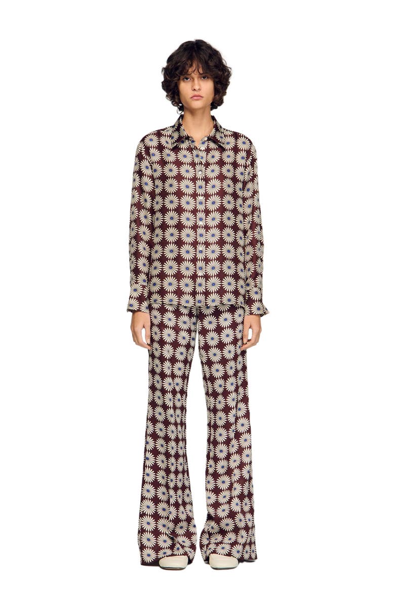 SANDRO Floral print silk shirt, Alternate, color, Marron / Bleu
