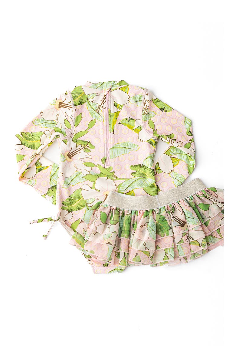 Kids' Hibiscus Botanical One-Piece UPF 50+ Rashguard Swimsuit with Skirt, Alternate, color, PINK