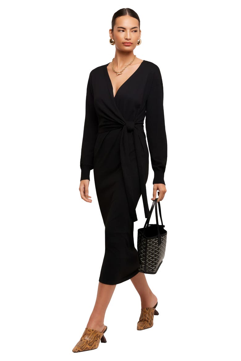 Raya Wrap Midi Sweater Dress, Alternate, color, BLACK