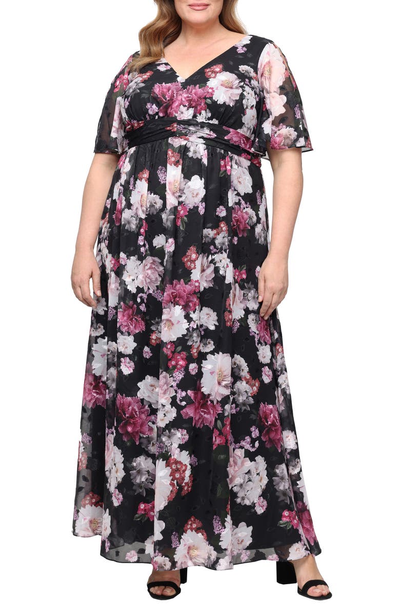 Alex Evenings Floral Flutter Sleeve Burnout Chiffon Cocktail Dress, Main, color, Black Multi