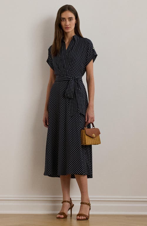 Shop Ralph Lauren Lauren  Polka Dot Crêpe De Chine Midi Dress In Navy/cream