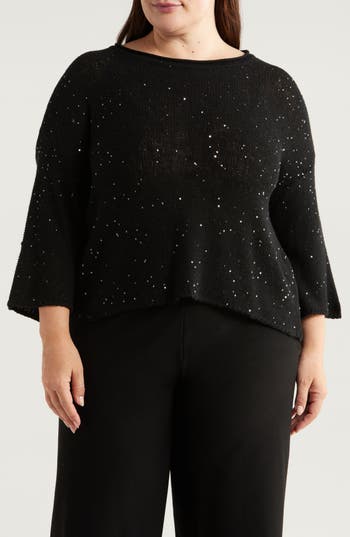 Eileen Fisher Scoop-neck Sequin Merino Wool Sweater In Black