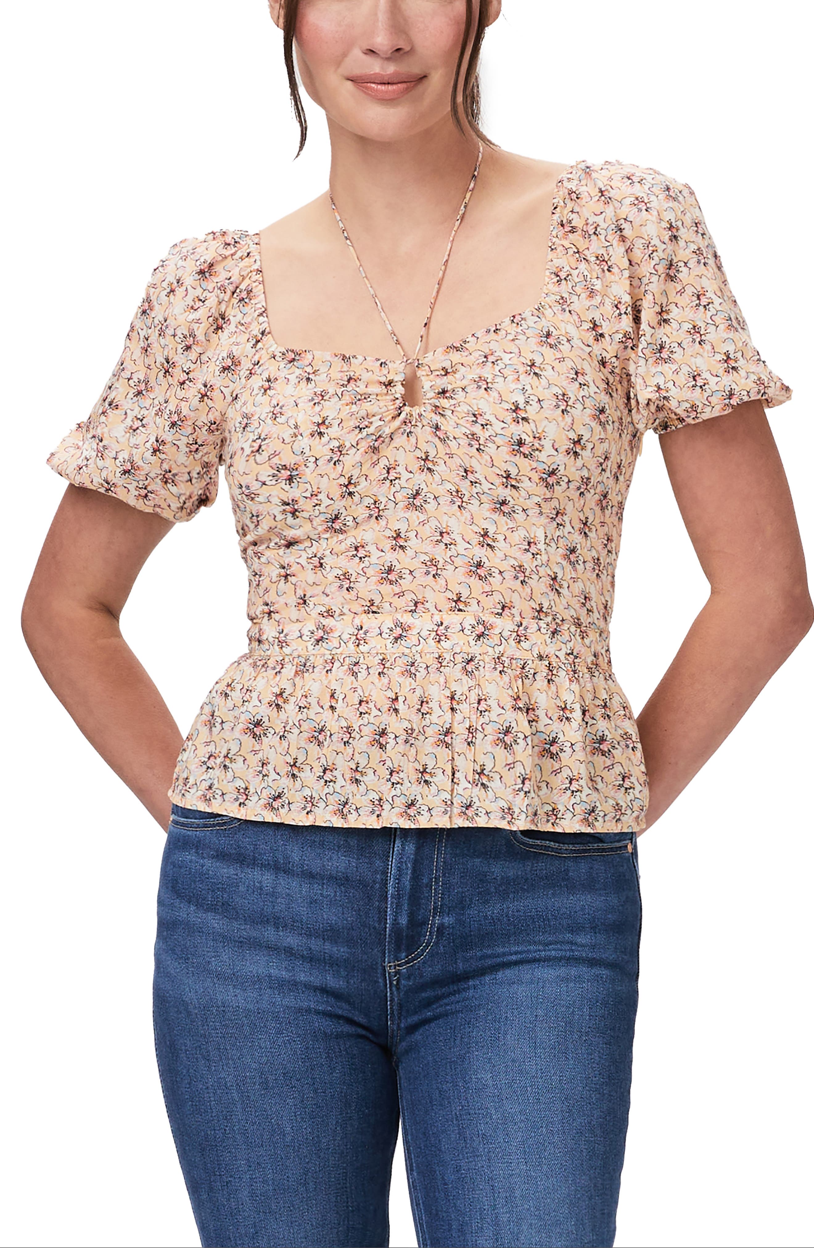 Azul Floral Tie Neck Puff Sleeve Top