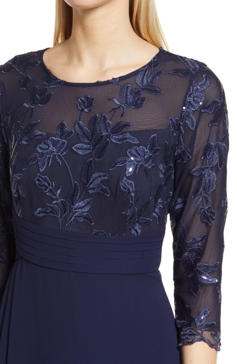 Alex Evenings Sequin Embroidered Bodice Empire Waist Gown, Alternate, color, Navy