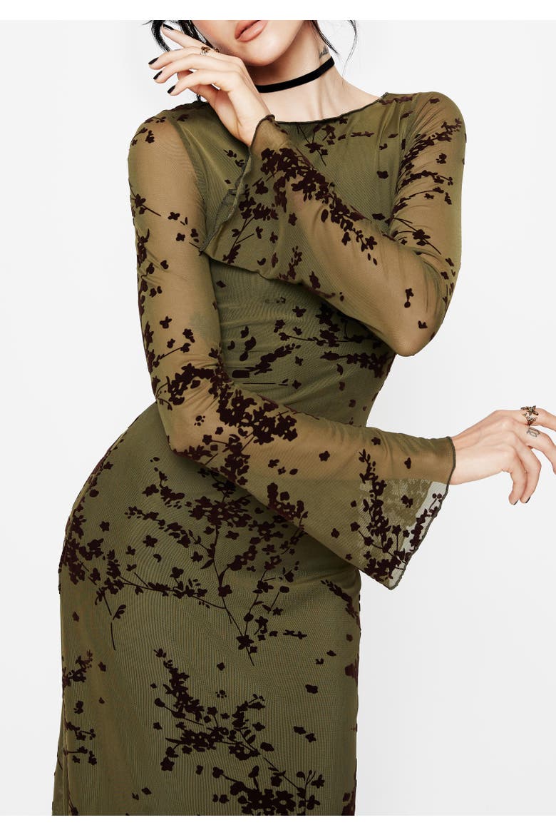 Jael Flocked Devoré Midi Dress, Alternate, color, Green