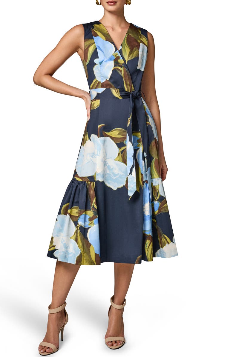 Donna Karan New York Floral Print Faux Wrap Sleeveless Dress, Main, color, Nightfll M