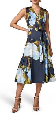 Donna Karan New York Floral Print Faux Wrap Sleeveless Dress