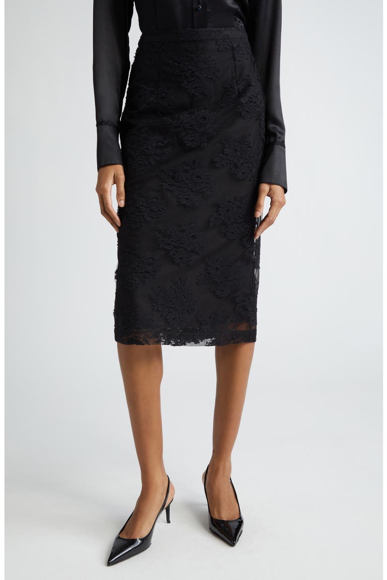 Floral Lace Pencil Skirt, Main, color, NERO