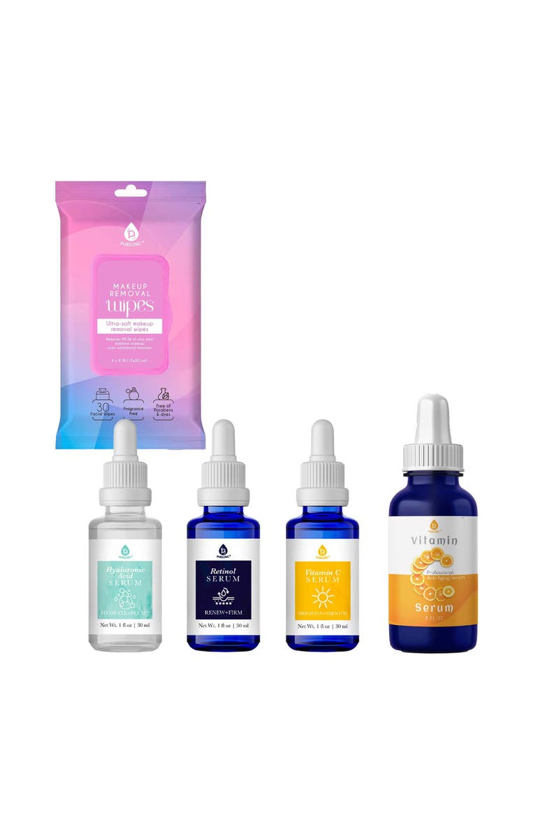 PURSONIC Complete Skincare Essentials Bundle Anti-Aging Serum Set, Vitamin C Serum, and Makeup Removal Wipes, Main, color,