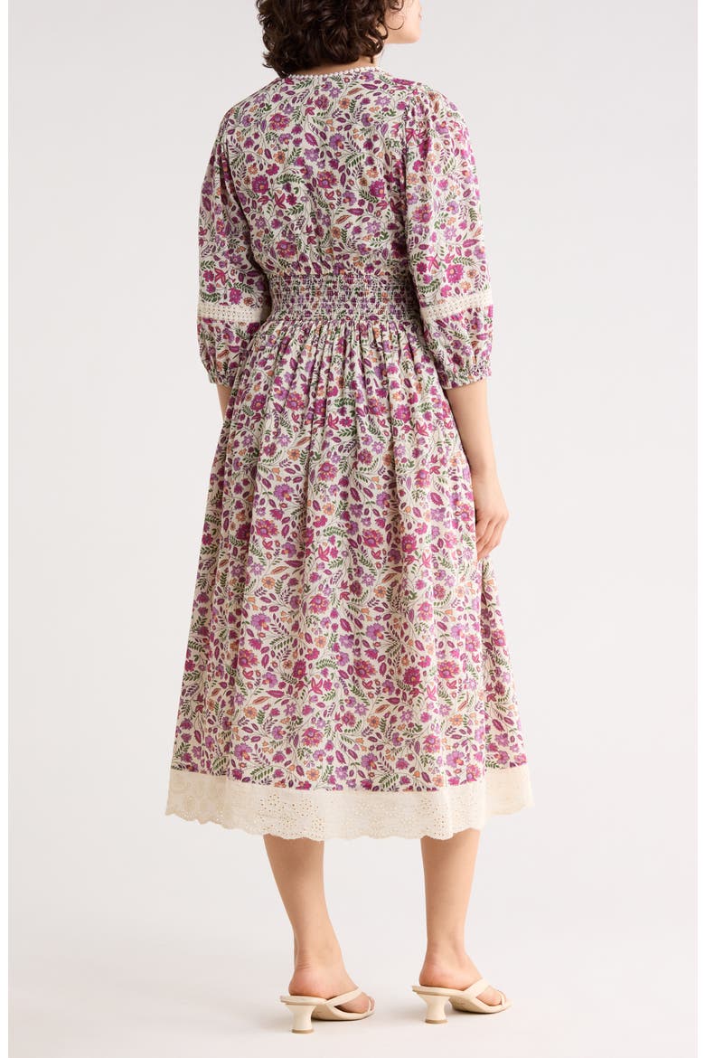 Floral Smocked Waist Midi Dress, Alternate, color, IVORY/ PINK FLOWER