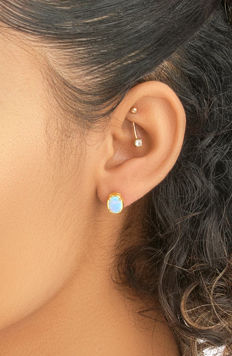 Sterling Forever Blue Lab Created Opal Oval Stud Earrings, Alternate, color, Gold