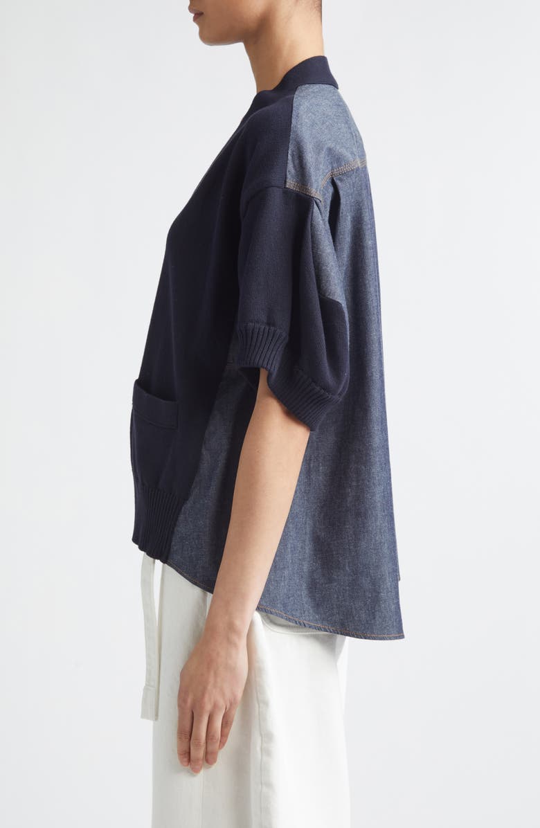 Sacai Short Sleeve Mixed Media Cardigan, Alternate, color, Navy/ Blue