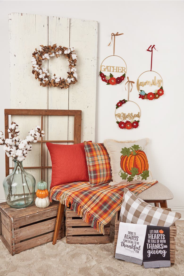 Crewelwork Pumpkin Halloween Throw Pillow, 18" x 18", Alternate, color, Orange