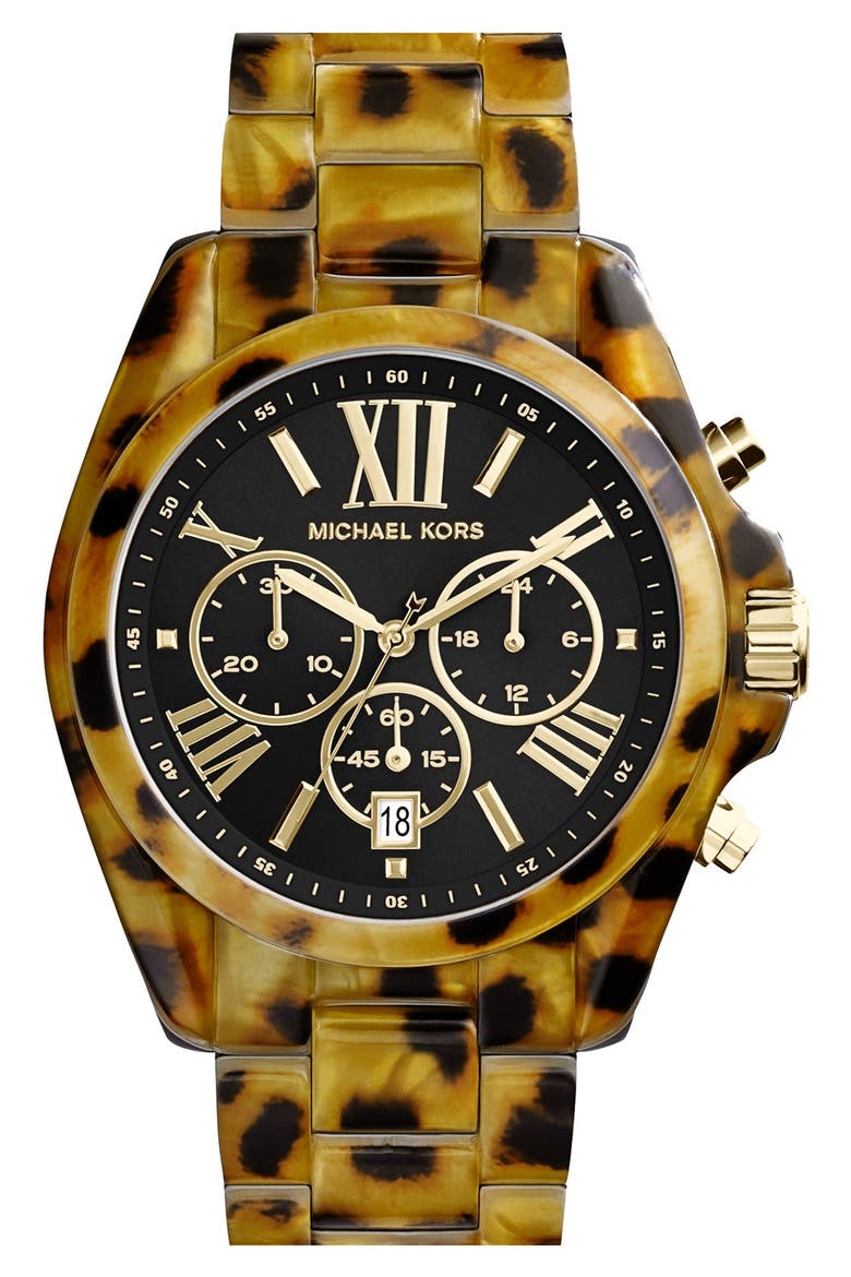 Michael Kors 'Bradshaw' Chronograph Resin Bracelet Watch, 43mm, Main, color, CHEETAH TORTOISE