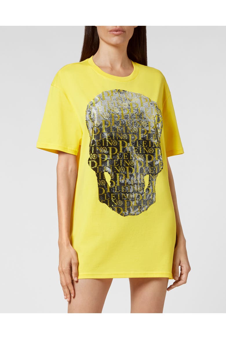 T-Shirt Round Neck Ss Skull And Plein With Crystals Unisex, Alternate, color, yellow