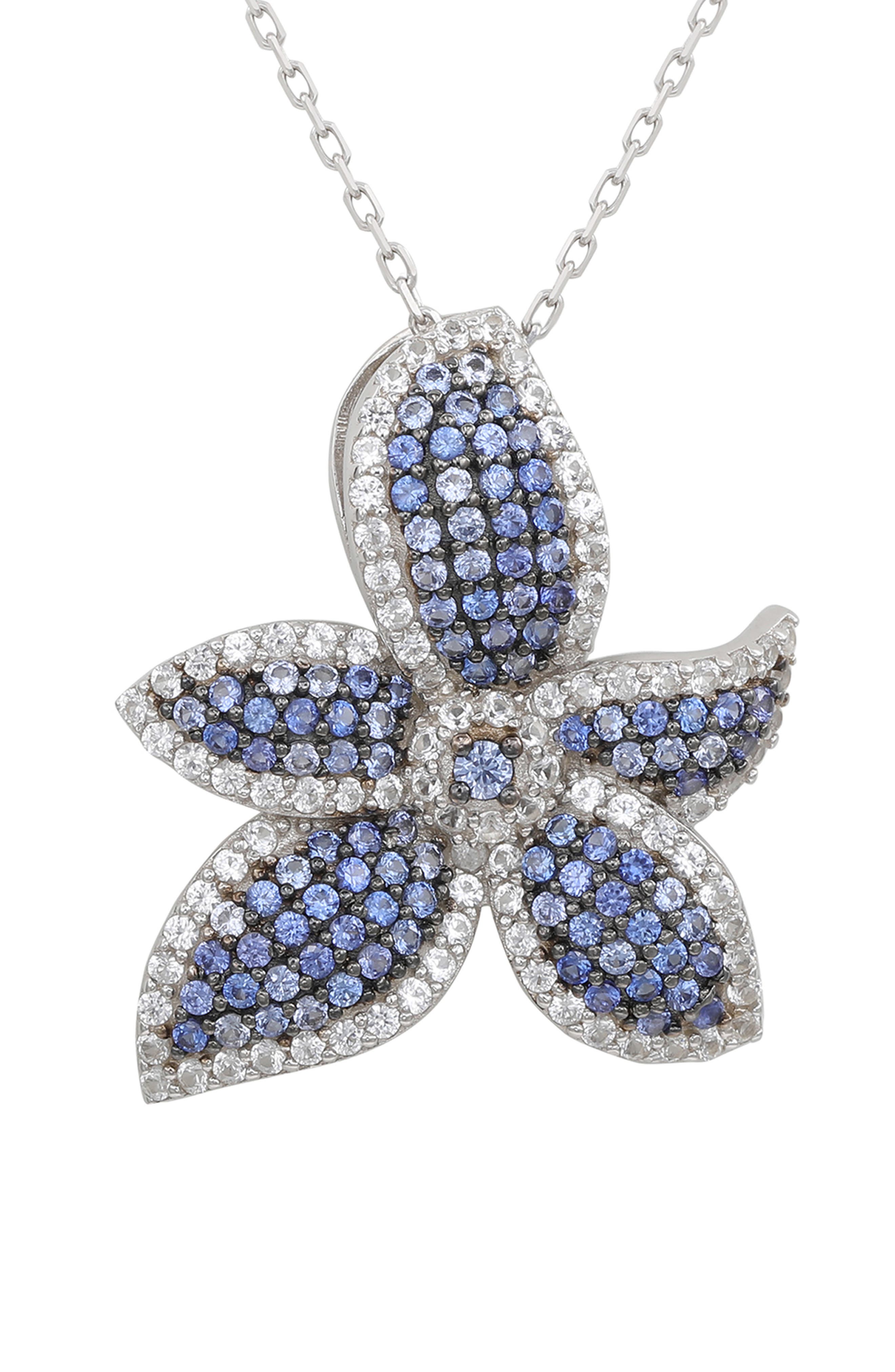 SUZY LEVIAN Sterling Silver Sapphire Pavé & Diamond Accent Flower Pendant Necklace