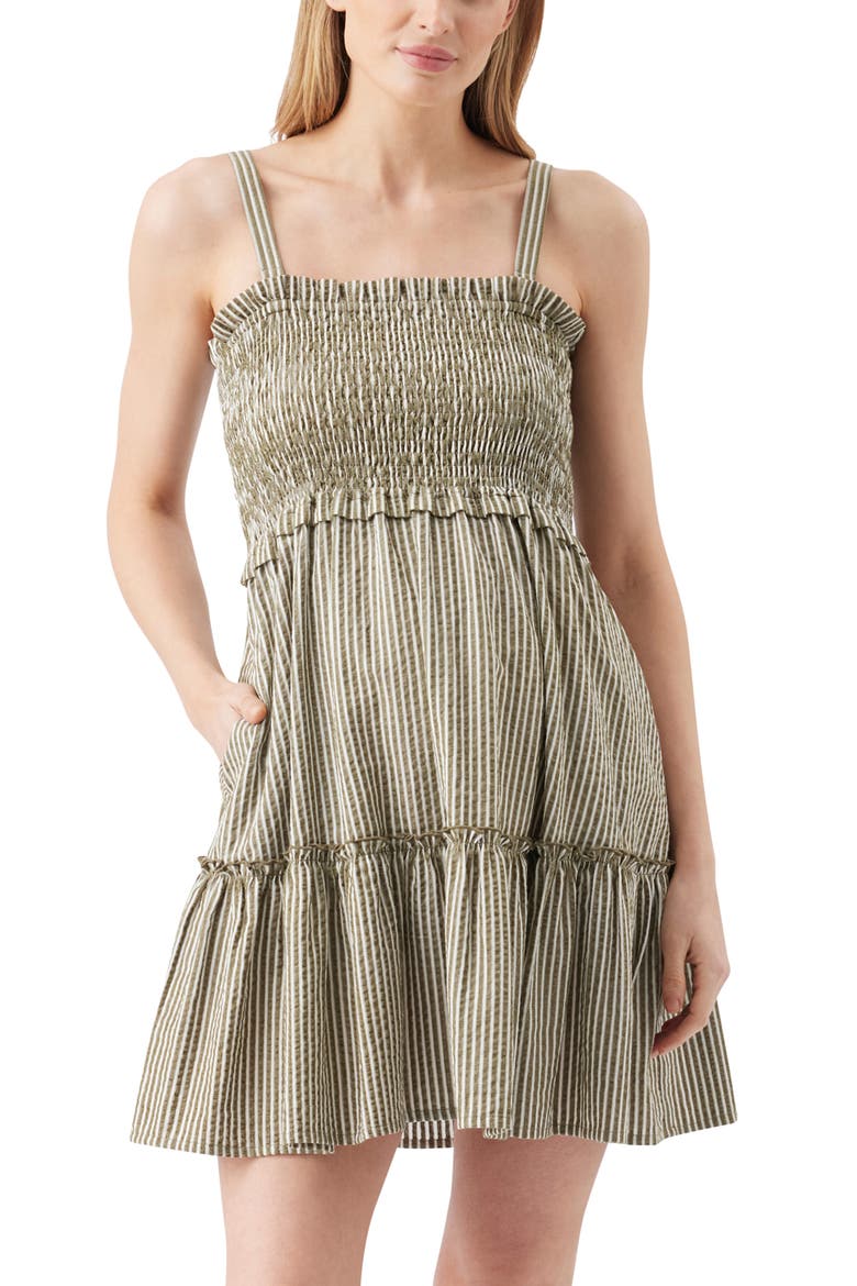 Gabby Stripe Tiered Maternity Mini Dress, Main, color, Khaki / White