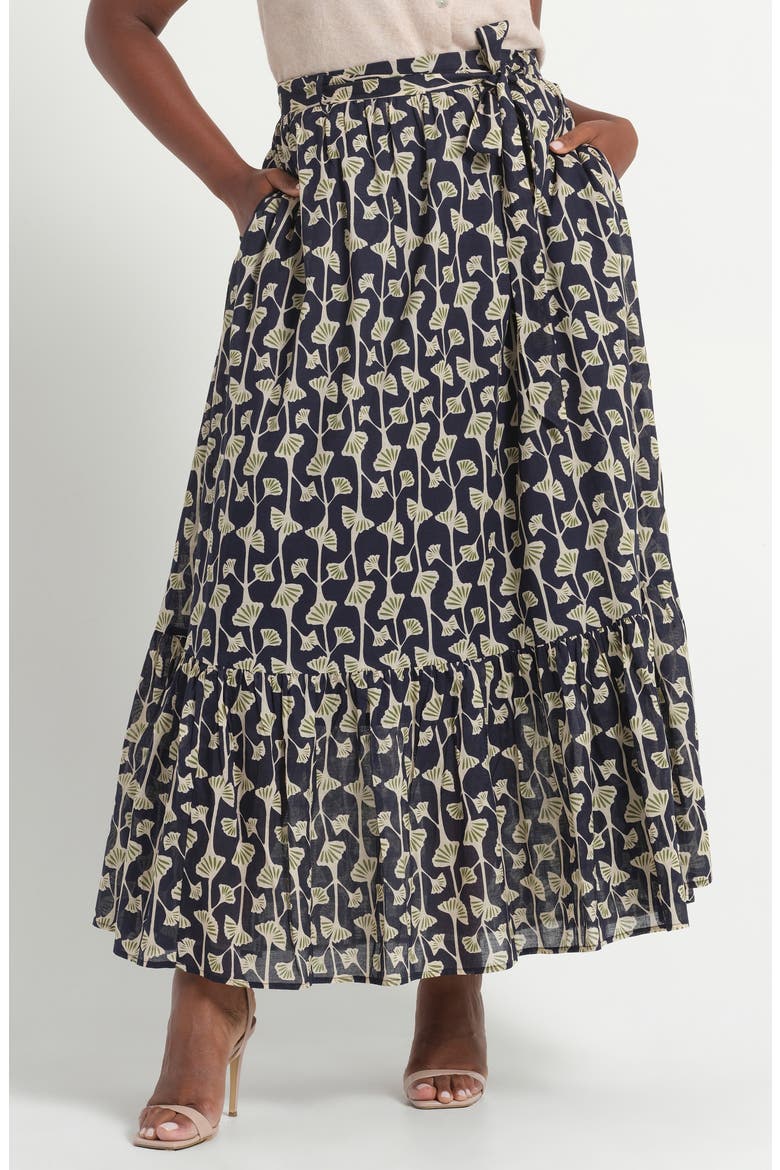 Sea Lily Belted Tiered Cotton Maxi Skirt, Main, color, NAVY/ FERN
