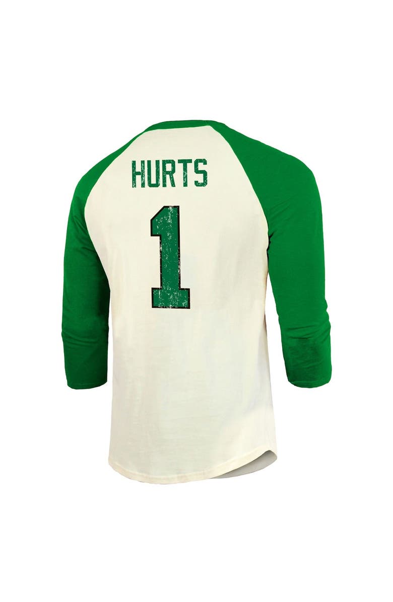 Majestic Threads Men's Majestic Threads Jalen Hurts Cream/Kelly Green Philadelphia Eagles Alternate Player Name & Number Raglan 3/4-Sleeve T-Shirt, Alternate, color, 