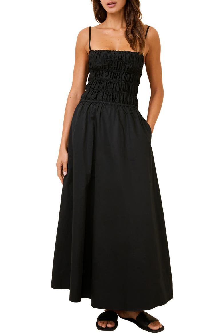 The Delta Smocked Cotton Maxi Sundress, Main, color, BLACKOUT
