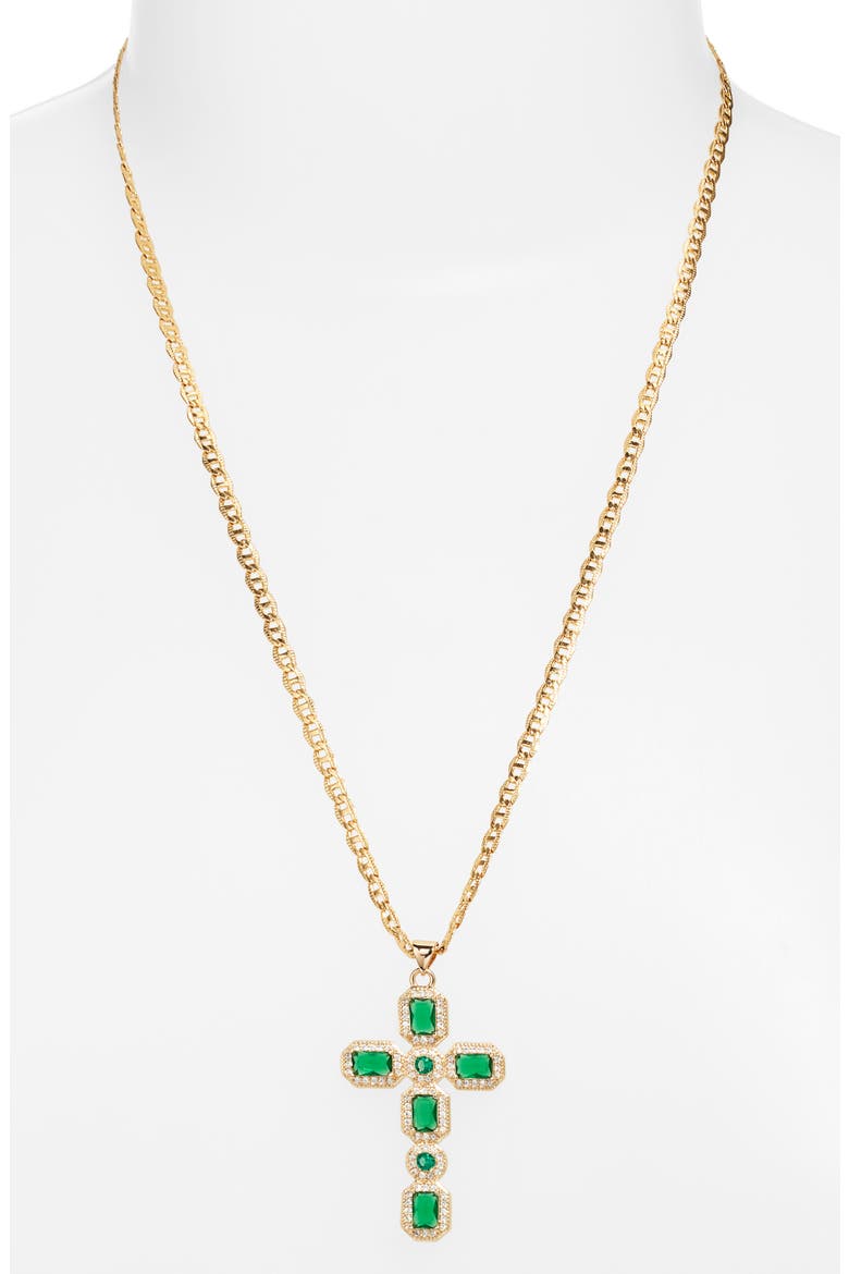 Ornate Cubic Zirconia Cross Pendant Necklace, Alternate, color, GREEN