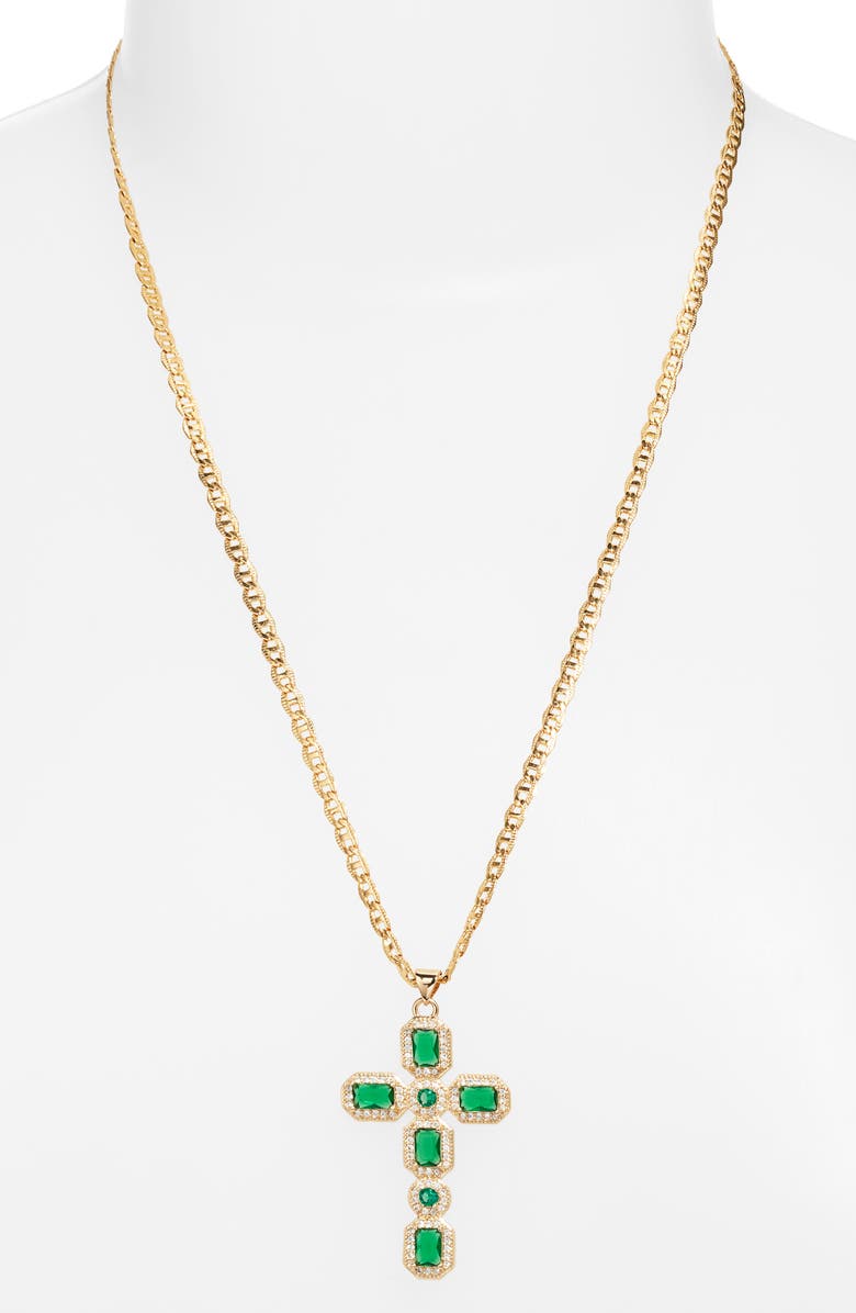 VIDAKUSH Ornate Cubic Zirconia Cross Pendant Necklace, Alternate, color, Green