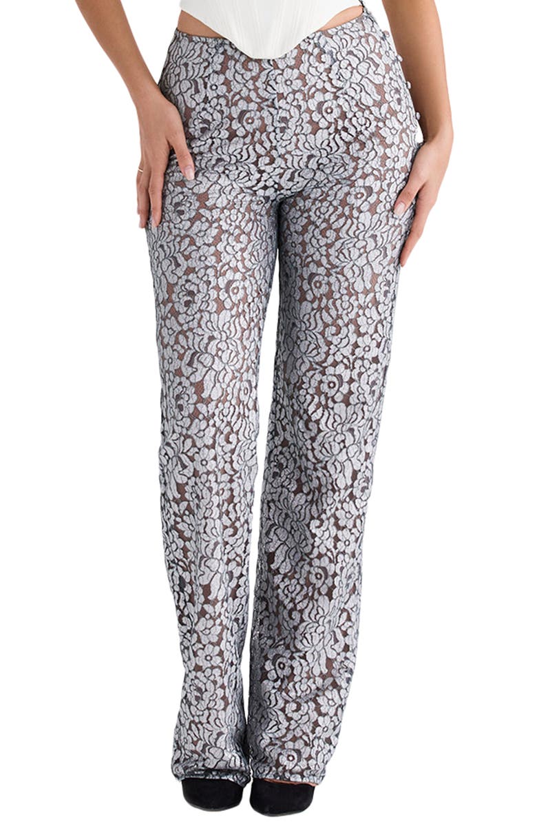 HOUSE OF CB Mara Floral Lace Straight Leg Trousers, Main, color, Silver